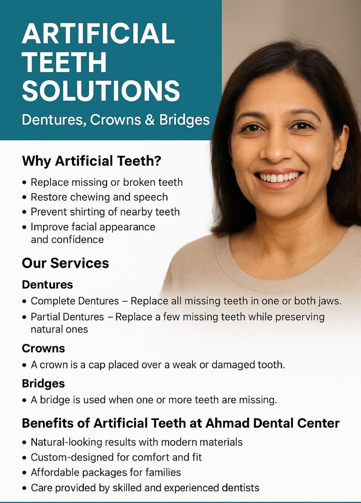 Artificial Teeth Solutions in Sadiqabad – Dentures, Crowns & Bridges at Ahmad Dental Center